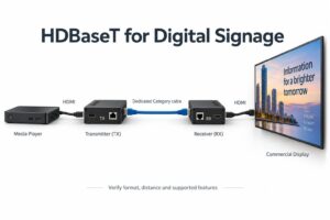 Media player, trasmettitore e ricevitore HDBaseT e display professionale collegati in sequenza