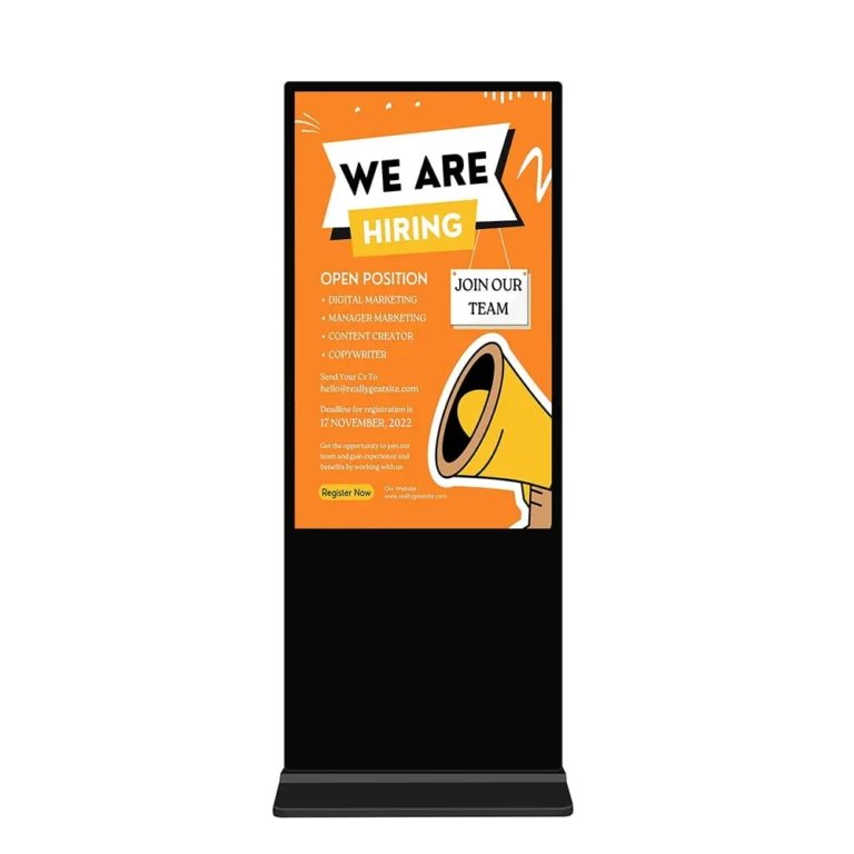 Black indoor floor-standing display with a portrait screen and a broad rectangular base.