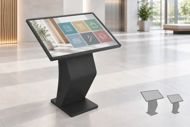 Illustration: Ein Terminal mit geneigtem Touchscreen steht in einer Eingangshalle neben Silhouetten zum Vergleich zweier Bildschirmgrößen.