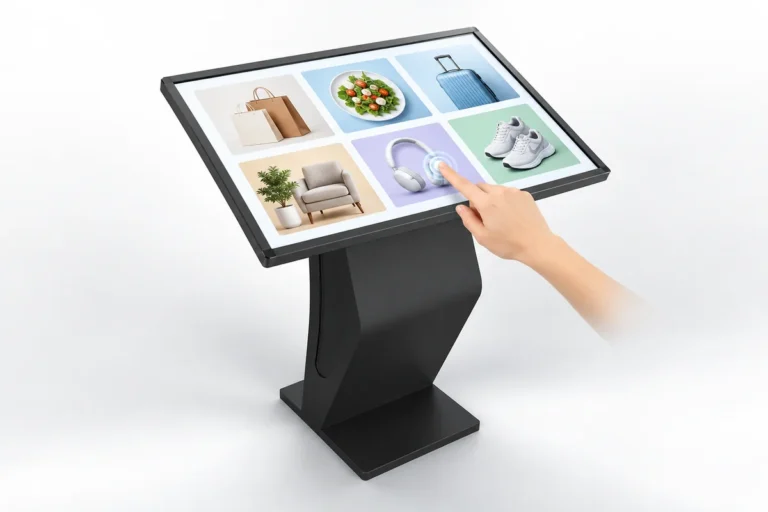 Illustration: Eine Hand wählt eine Produktkachel auf dem geneigten Querformat-Touchscreen eines freistehenden Terminals aus.