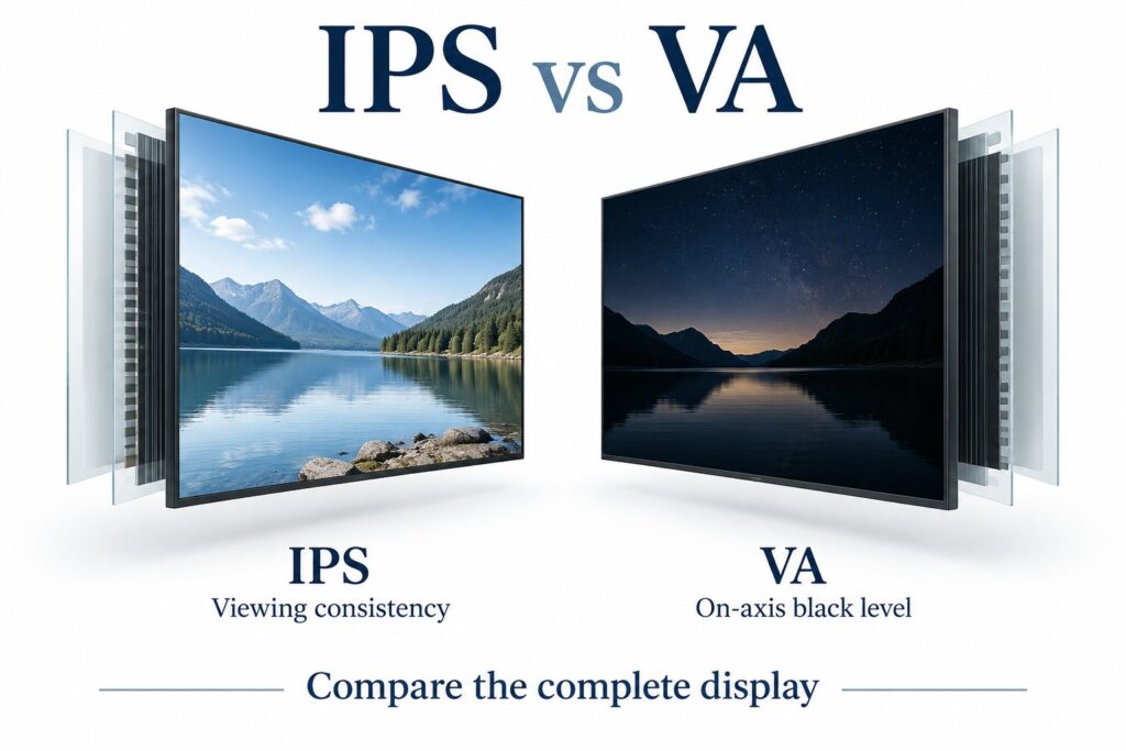 Paneles de visualización IPS y VA ilustrados con consistencia de visualización y etiquetas de nivel de negro en el eje.