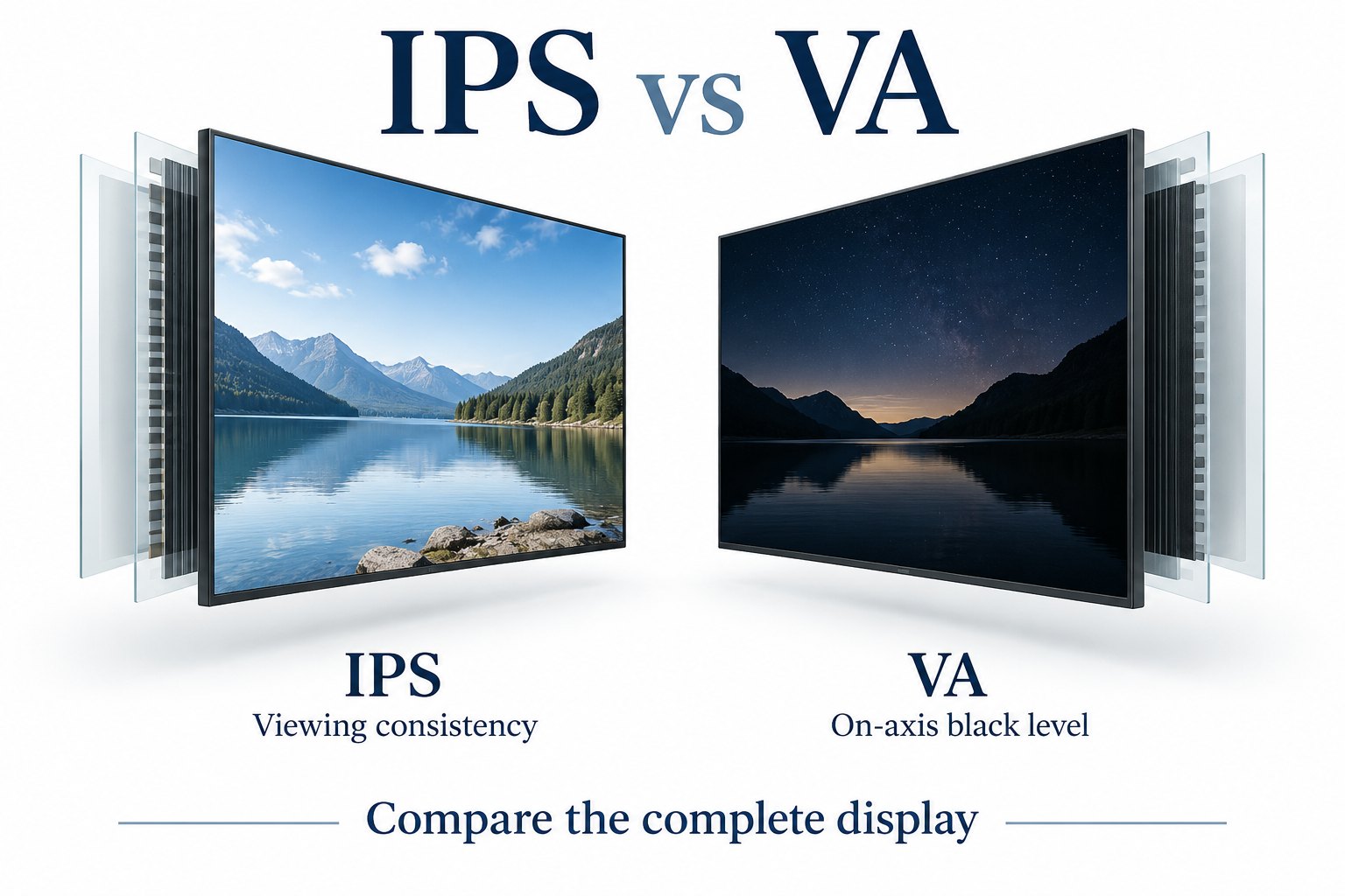 Illustration de dalles IPS et VA avec indications de régularité selon l’angle et de noir dans l’axe.