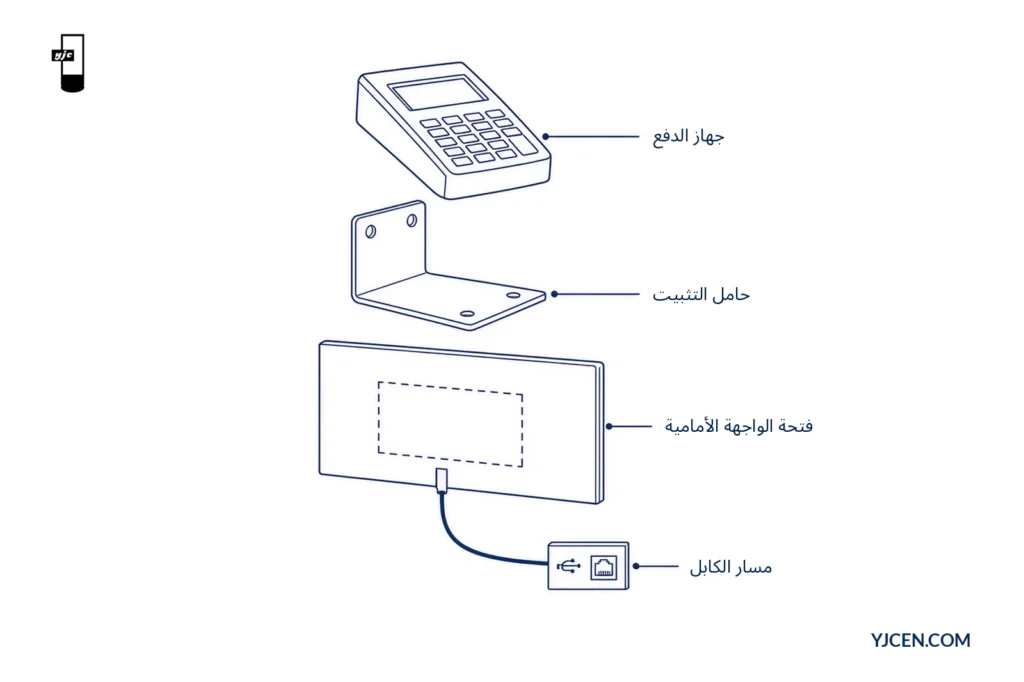 رسم تفصيلي مفكَّك يوضح جهاز الدفع وحامل التثبيت وفتحة الواجهة الأمامية ومسار الكابل إلى منفذي USB وEthernet