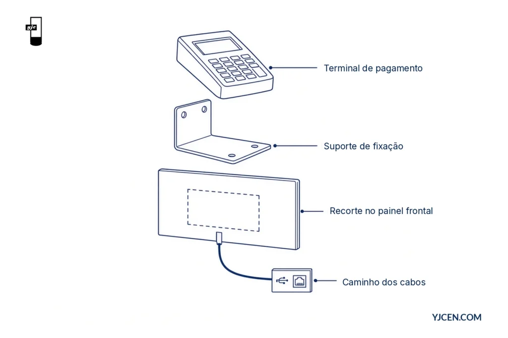Vista explodida com terminal de pagamento, suporte de fixação, recorte no painel frontal e caminho dos cabos até as interfaces USB e Ethernet