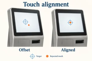 Two kiosk screens compare an offset touch point with a point aligned to its target.
