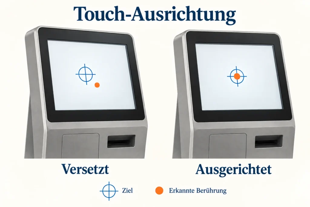 Zwei Terminalbildschirme vergleichen einen versetzten Berührungspunkt mit einem am Ziel ausgerichteten Punkt.