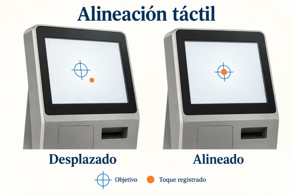 Dos pantallas de quiosco comparan un punto táctil desplazado con otro alineado con su objetivo.
