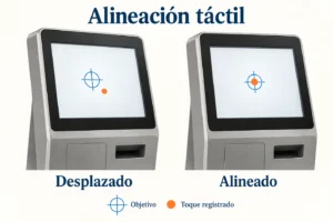 Dos pantallas de quiosco comparan un punto táctil desplazado con otro alineado con su objetivo.