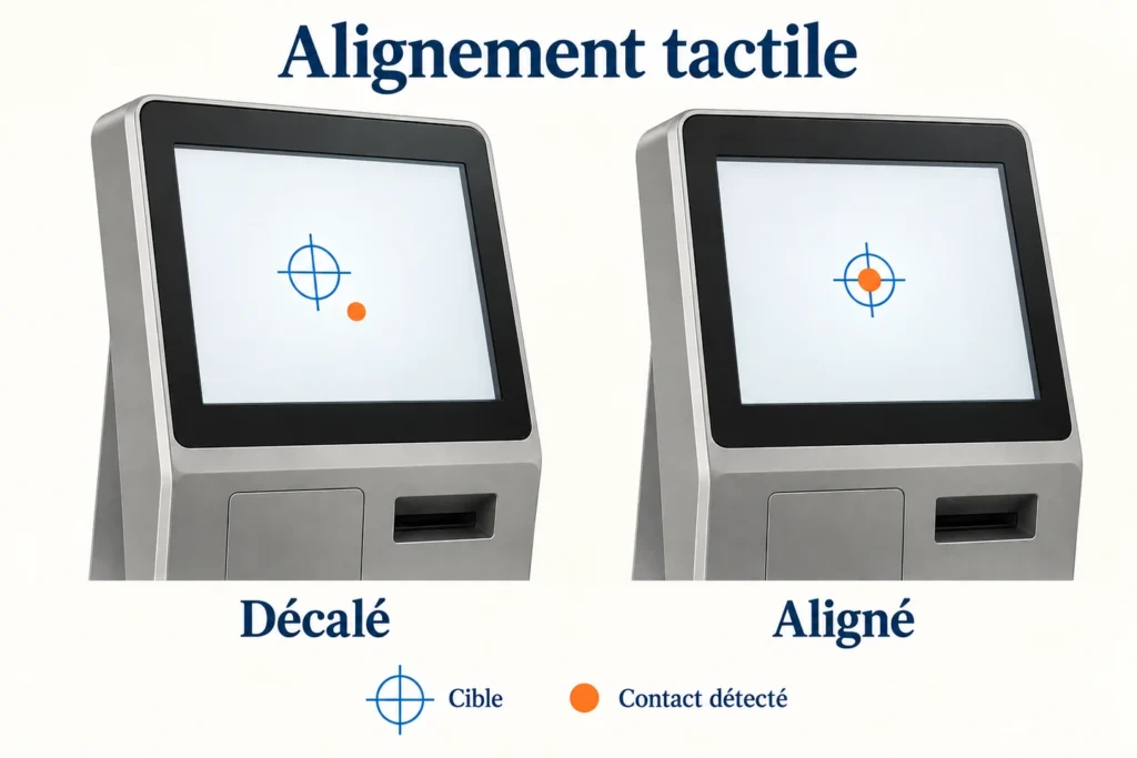 Deux écrans de borne comparent un point tactile décalé et un point aligné sur sa cible.