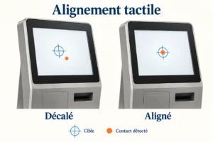 Deux écrans de borne comparent un point tactile décalé et un point aligné sur sa cible.