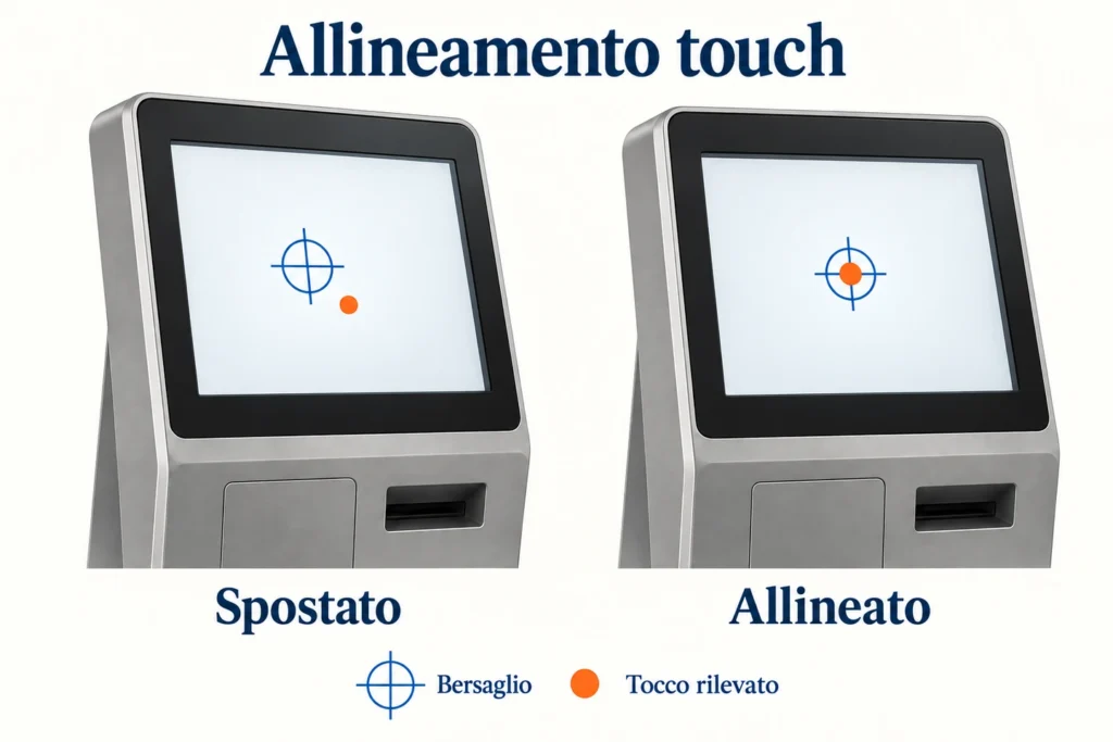 Due schermi di chioschi confrontano un punto di tocco spostato con uno allineato al bersaglio.