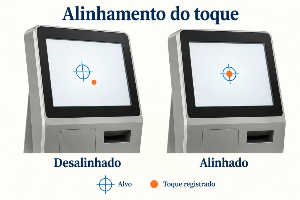 Duas telas de terminal comparam um ponto de toque deslocado com outro alinhado ao alvo.