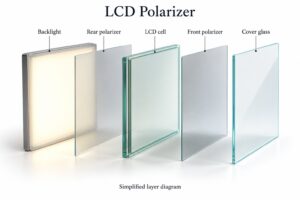 Diagrama simplificado en despiece ordenado que muestra la retroiluminación, el polarizador trasero, la celda LCD, el polarizador frontal y el vidrio de cubierta.