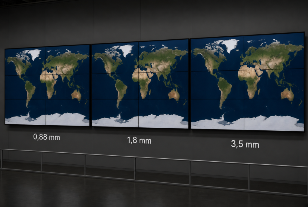 Vergelijking van ultrasmalle schermranden van 0,88, 1,8 en 3,5 mm bij LCD-videowalls, met een wereldkaart over meerdere schermen.