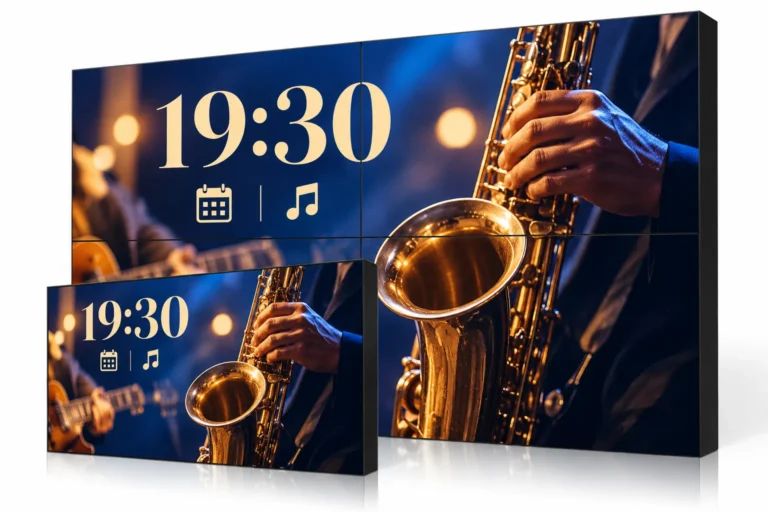Illustration: Eine LCD-Videowand aus vier Panels und ein einzelnes Panel zeigen ein passendes Musikveranstaltungsplakat mit sichtbaren Rahmen.