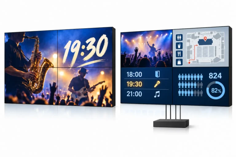 Illustration: Zwei LCD-Videowände vergleichen ein durchgehendes Veranstaltungsplakat mit getrennten Ansichten für Event, Lageplan, Zeitplan und Status.