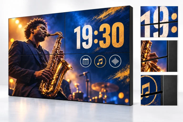 Illustration: Eine LCD-Videowand aus vier Panels zeigt ein Musikveranstaltungsplakat sowie Nahaufnahmen der sichtbaren Panelübergänge.