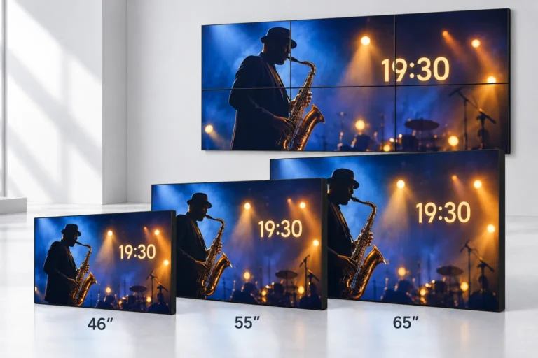 Illustration: LCD-Panels in 46, 55 und 65 Zoll zeigen eine Musikaktion vor einer Videowand mit demselben Motiv.