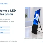 Póster LCD portátil YJCEN con apoyo posterior plegable en un render de feria, centrado en píxeles nativos, ajuste del contenido y espacio ocupado.