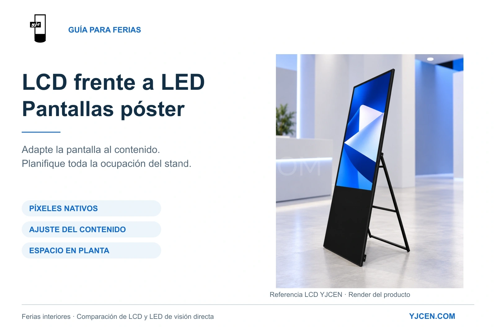 Póster LCD portátil YJCEN con apoyo posterior plegable en un render de feria, centrado en píxeles nativos, ajuste del contenido y espacio ocupado.