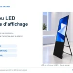 Totem LCD portable YJCEN avec support arrière pliant dans un rendu de salon, présentant les critères de pixels natifs, adaptation du contenu et encombrement.