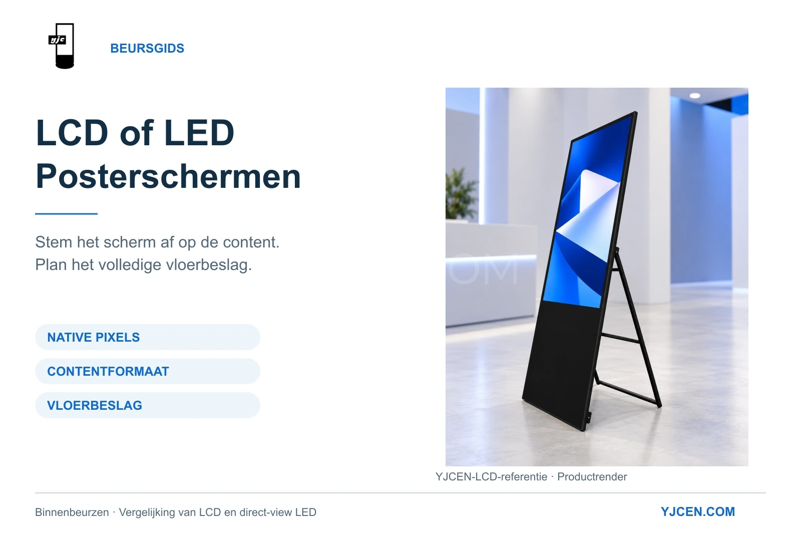 Draagbare YJCEN-LCD-poster met inklapbare achtersteun in een beursrender, met aandacht voor native pixels, contentindeling en vloerbeslag.