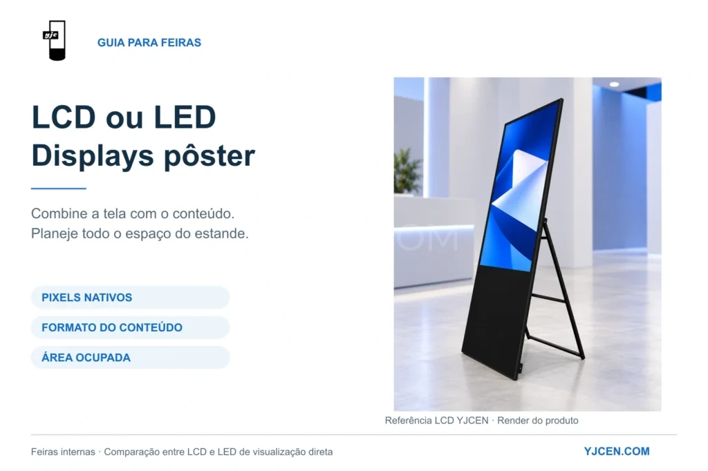 Pôster LCD portátil YJCEN com apoio traseiro dobrável em render de feira, destacando pixels nativos, adaptação do conteúdo e espaço ocupado.