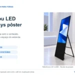Pôster LCD portátil YJCEN com apoio traseiro dobrável em render de feira, destacando pixels nativos, adaptação do conteúdo e espaço ocupado.