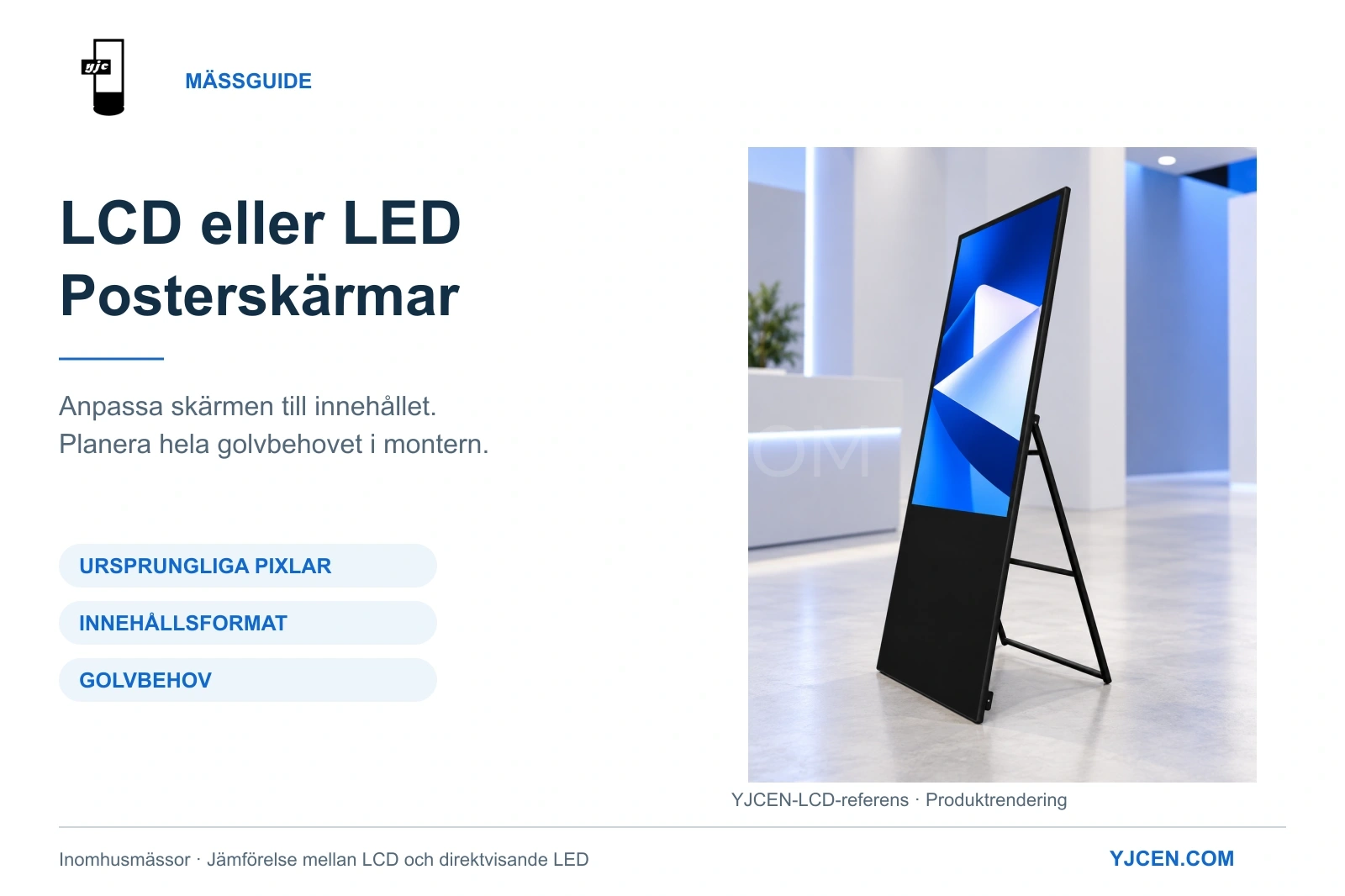 Portabel YJCEN-LCD-poster med hopfällbart bakstöd i en mässrendering med fokus på ursprungliga pixlar, innehållsanpassning och golvyta.