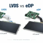 Due gruppi di controllo e pannello LCD separati che illustrano le connessioni interne LVDS e eDP.