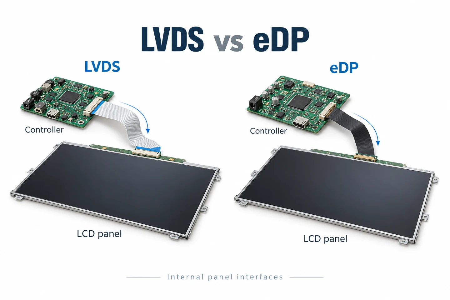 Zwei getrennte Controller- und LCD-Panel-Baugruppen veranschaulichen interne LVDS- und eDP-Verbindungen.