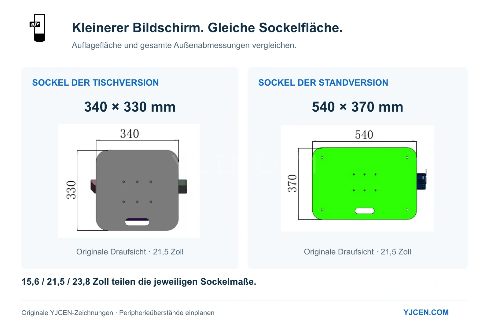 Originale Draufsichten des 21,5-Zoll-Kiosks: Tischsockel 340 × 330 mm, Standsockel 540 × 370 mm, einschließlich sichtbarer Peripherieüberstände.