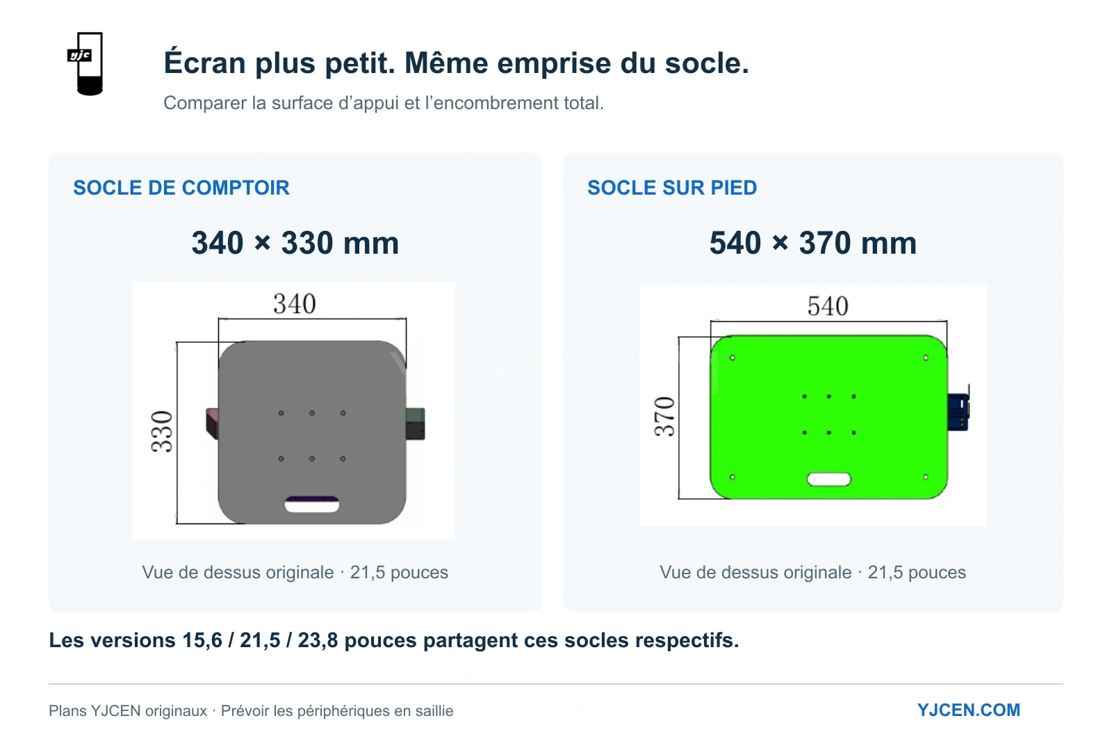 Plans de dessus originaux de la borne 21,5 pouces : socles de 340 × 330 mm sur comptoir et 540 × 370 mm sur pied, avec périphériques en saillie visibles.