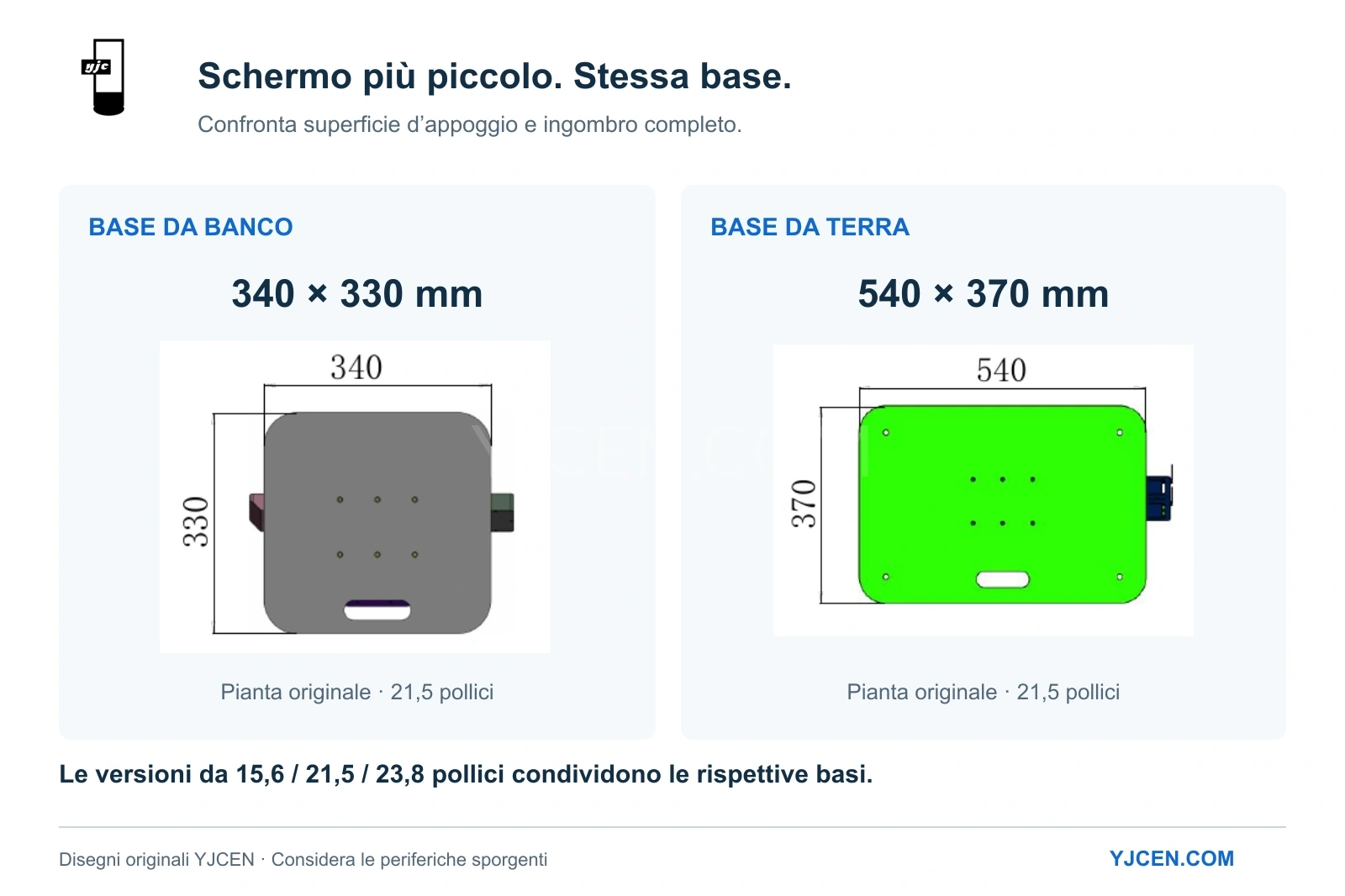 Viste in pianta originali del chiosco da 21,5 pollici: base da banco 340 × 330 mm e base da terra 540 × 370 mm, con sporgenze delle periferiche visibili.
