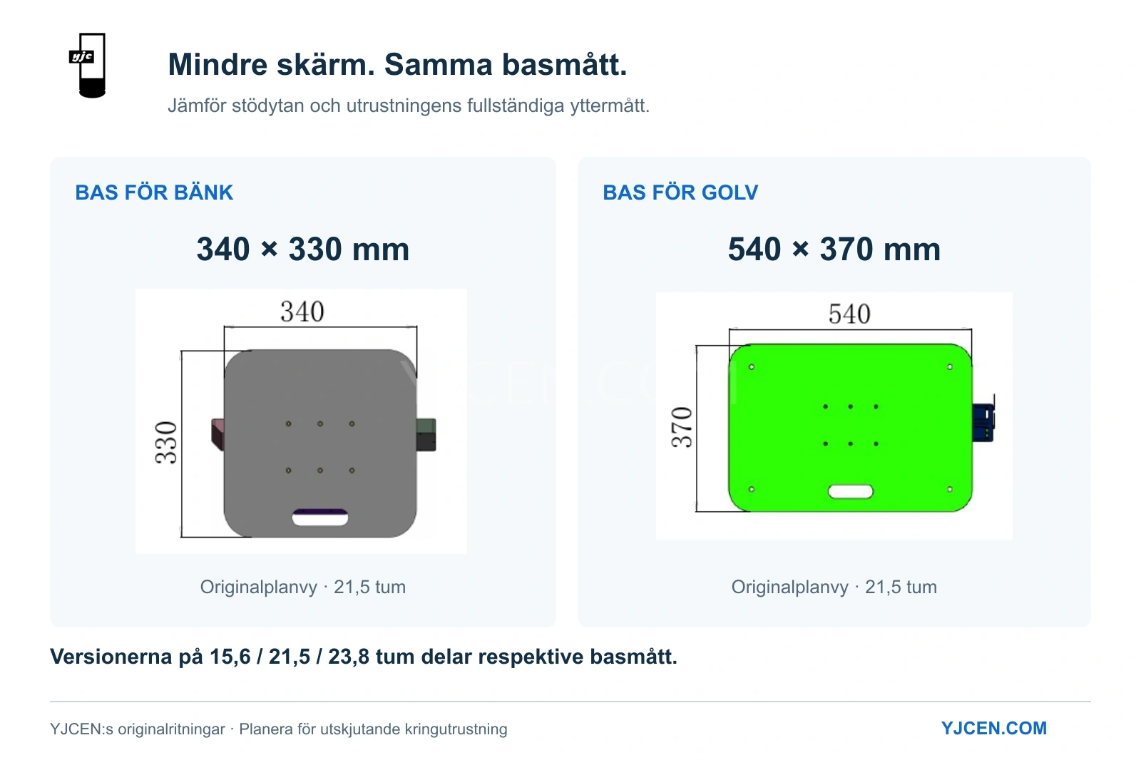 Originalplanvyer av kiosken på 21,5 tum: bänkbas 340 × 330 mm och golvbas 540 × 370 mm, med synlig utskjutande kringutrustning.