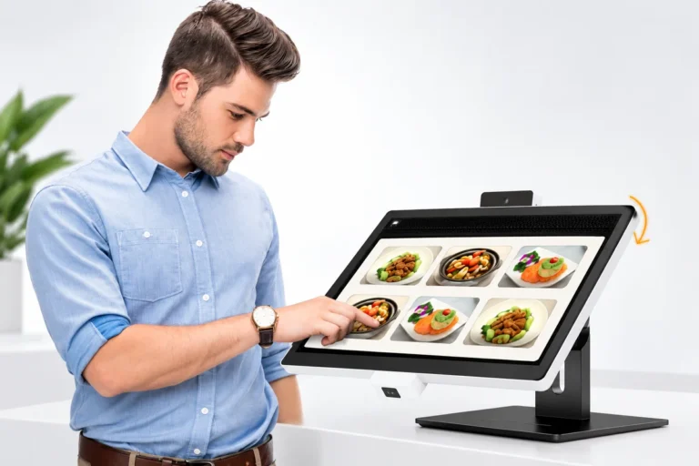 Illustration: Eine Person wählt ein Gericht auf einem geneigten Theken-Touchscreen mit Speisekarte aus.