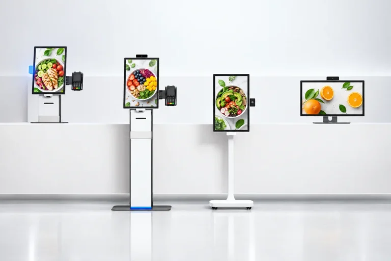 Illustration: Modulare Selbstbedienungskioske sind als Wand-, Stand- und Querformatvarianten angeordnet.
