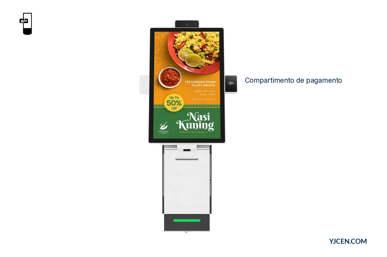 Quiosque POS de autoatendimento modular com compartimento de pagamento lateral para fixação do terminal