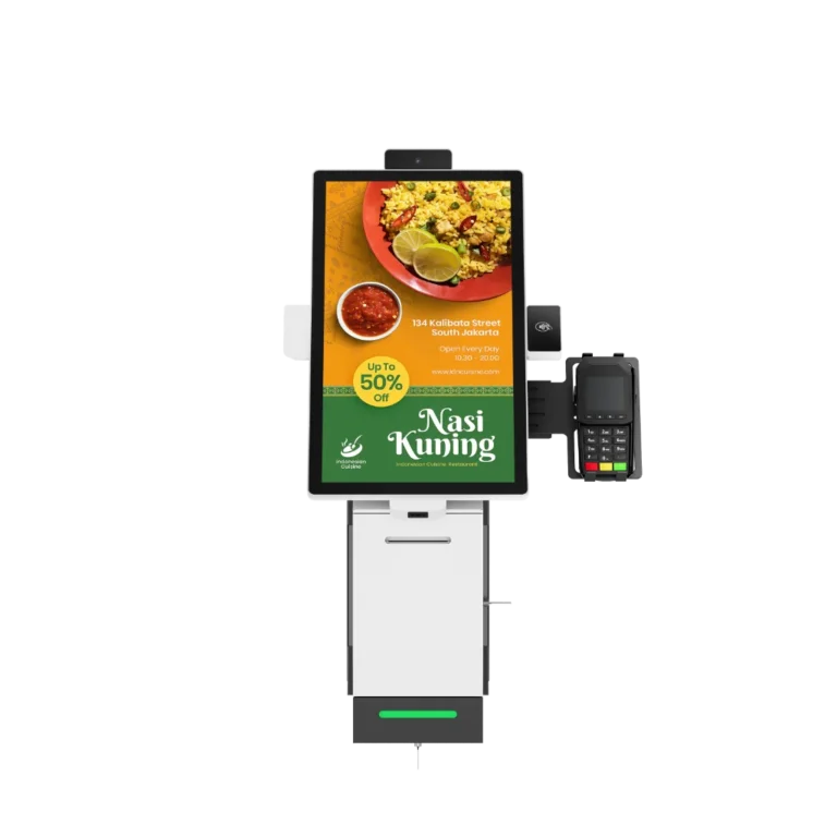 Modularer Selbstbedienungskiosk mit Hochkant-Touchscreen und seitlich angebrachtem Zahlungsgerät.