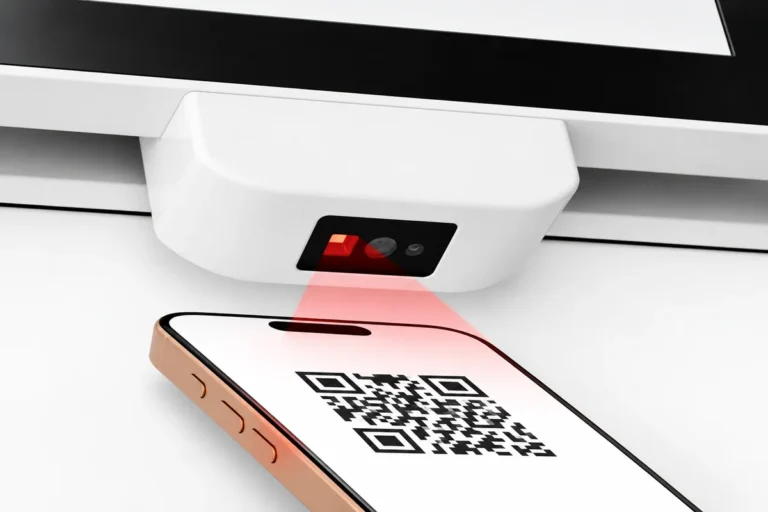 Illustration: Ein Scannermodul unterhalb des Terminals liest einen auf einem Smartphone angezeigten QR-Code.
