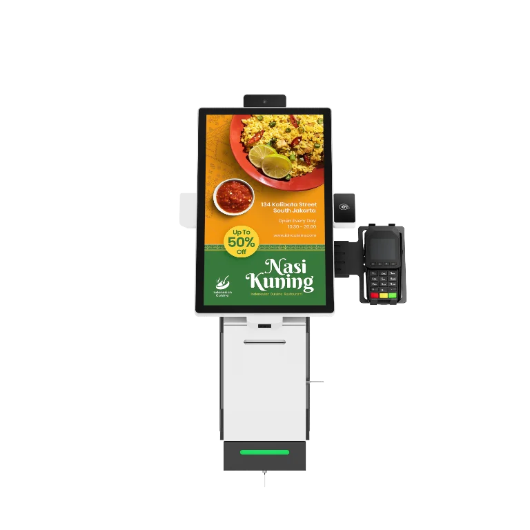 Modular self-service ordering kiosk with detachable QR scanner, thermal printer, and camera modules showing restaurant menu display