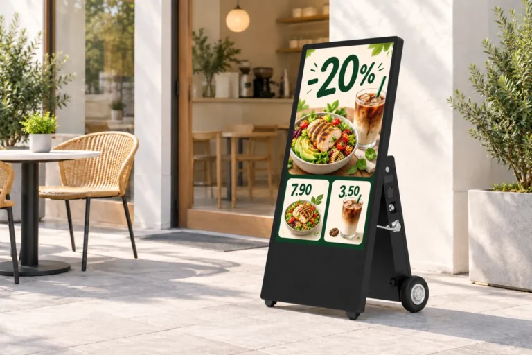 Illustration: Ein akkubetriebenes Outdoor-Display mit Rollen zeigt ein Salat-und-Kaffee-Angebot und Beispielpreise auf einer Caféterrasse.