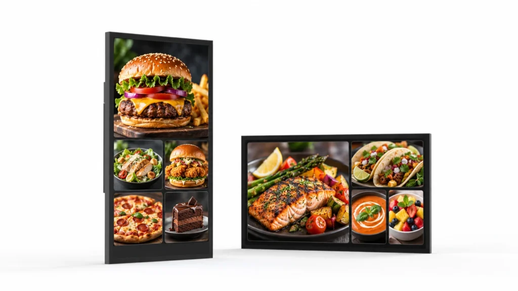 Schwarze Outdoor-LCD-Displays im Hoch- und Querformat zeigen Speisenfotos in ihren ursprünglichen rechteckigen Gehäusen.