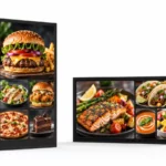 Schwarze Outdoor-LCD-Displays im Hoch- und Querformat zeigen Speisenfotos in ihren ursprünglichen rechteckigen Gehäusen.