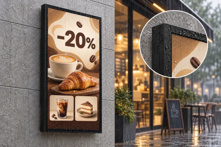 Illustration: An outdoor LCD display shows a cafe discount in the rain, with a close-up of droplets on its enclosure.