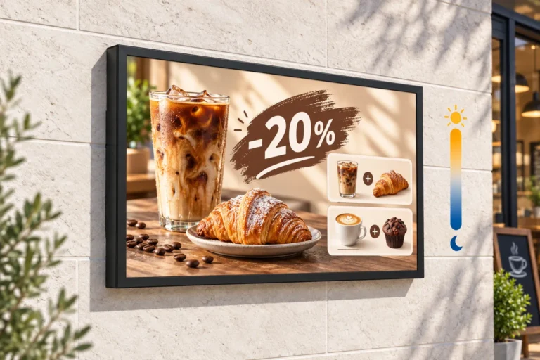 Illustration: A landscape outdoor LCD display shows a coffee-and-pastry offer on a sunlit cafe wall beside a brightness symbol.