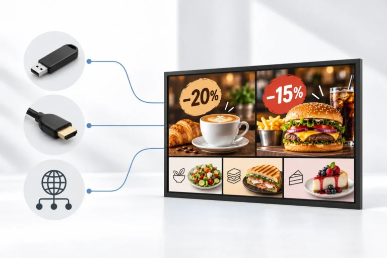 Illustration: An outdoor LCD menu display shows cafe and burger offers beside USB, HDMI and network connection symbols.