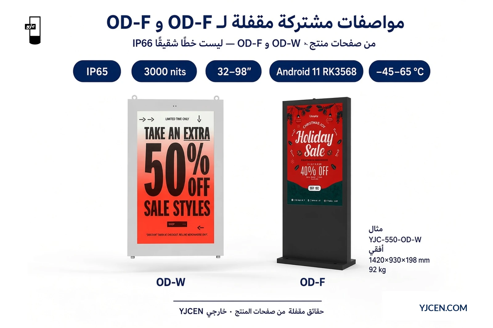 رسم مواصفات مقفلة OD-W مقابل OD-F: كلاهما IP65، 3000 nit، نطاق 32–98 إنش، Android 11 RK3568، −45–65 °C