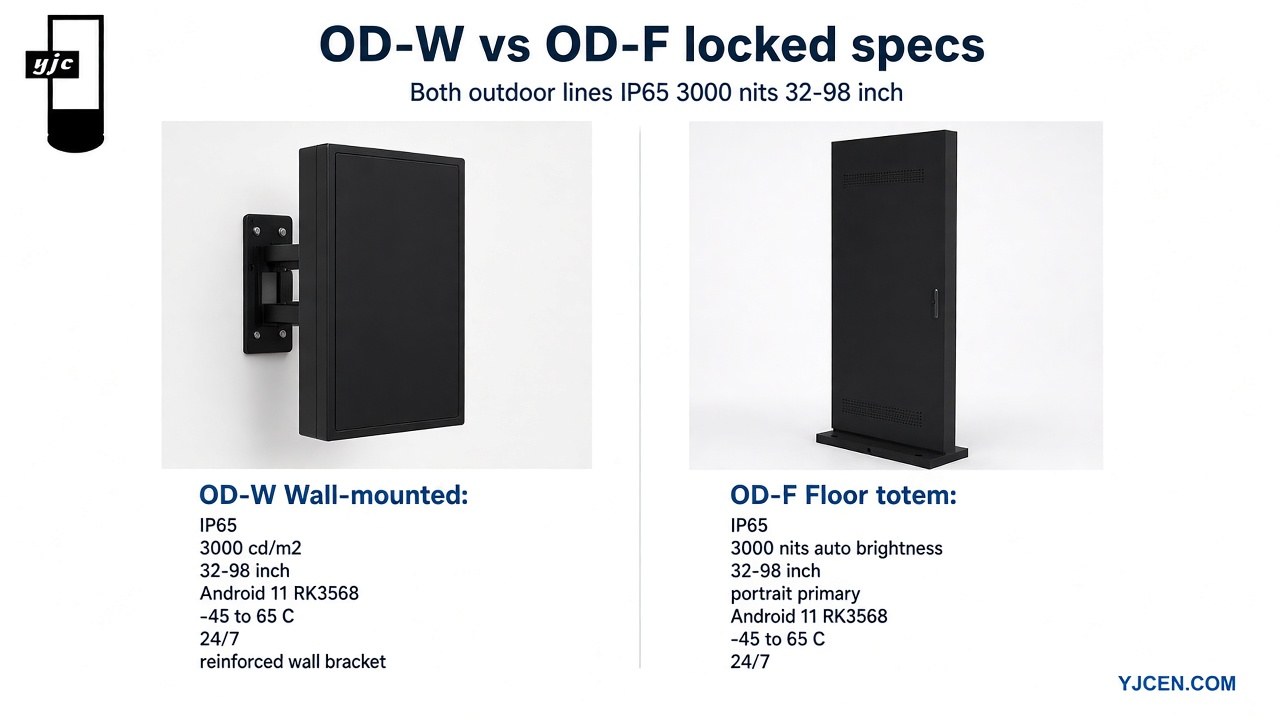 OD-W versus OD-F locked specs graphic: both IP65, 3000 nits, 32–98 inch range, Android 11 RK3568, −45–65 °C