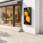 Outdoor LCD beside a storefront entrance with sunlight and enclosure guide lines